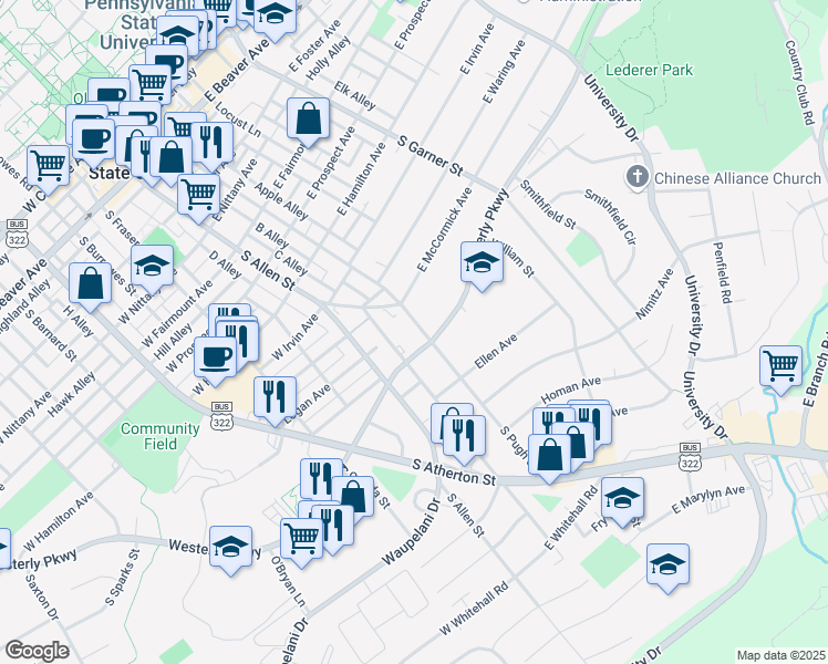 map of restaurants, bars, coffee shops, grocery stores, and more near 1014 South Pugh Street in State College