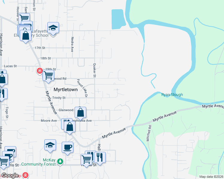 map of restaurants, bars, coffee shops, grocery stores, and more near 3623 Trinity Street in Eureka