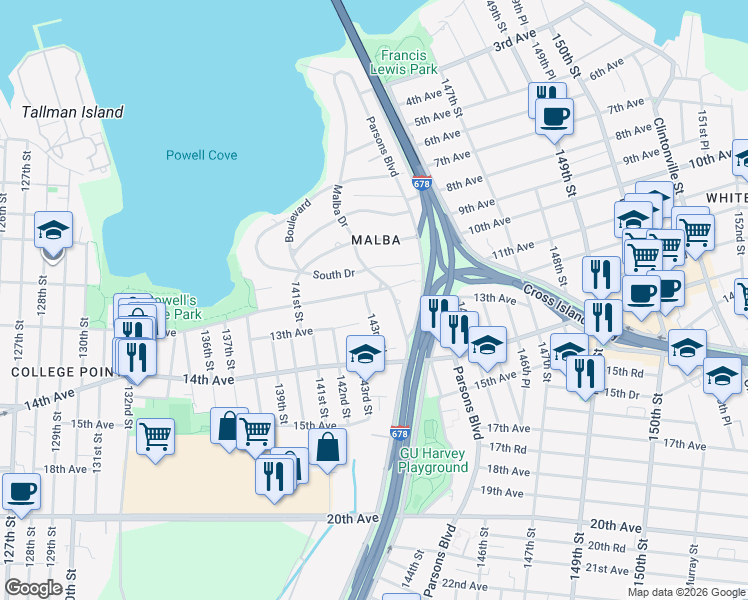 map of restaurants, bars, coffee shops, grocery stores, and more near 13-05 143rd Place in Queens