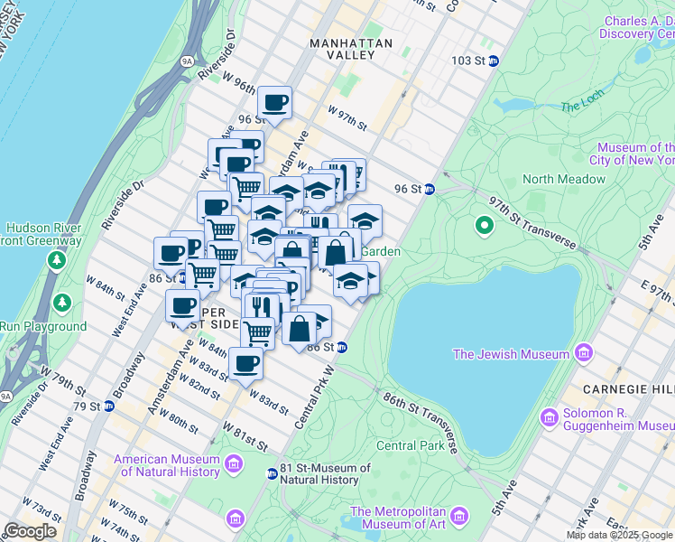 map of restaurants, bars, coffee shops, grocery stores, and more near 45 West 90th Street in New York