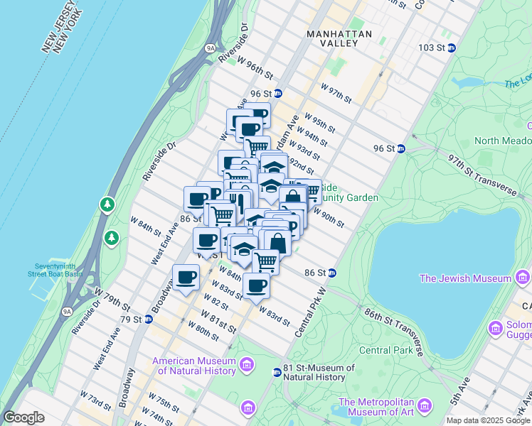 map of restaurants, bars, coffee shops, grocery stores, and more near 161 West 88th Street in New York