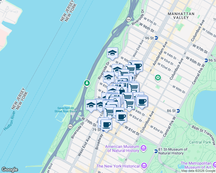 map of restaurants, bars, coffee shops, grocery stores, and more near 327 West 85th Street in New York