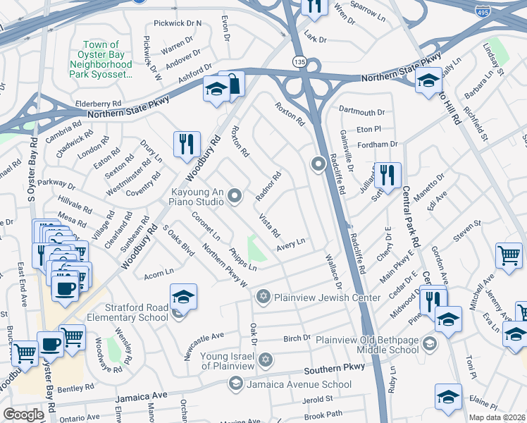 map of restaurants, bars, coffee shops, grocery stores, and more near 13 Vista Road in Plainview