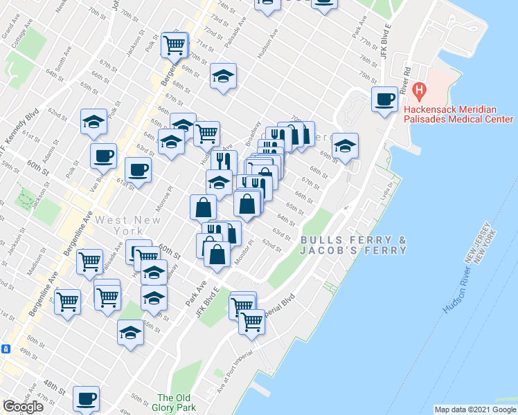 map of restaurants, bars, coffee shops, grocery stores, and more near 44 63rd Street in West New York