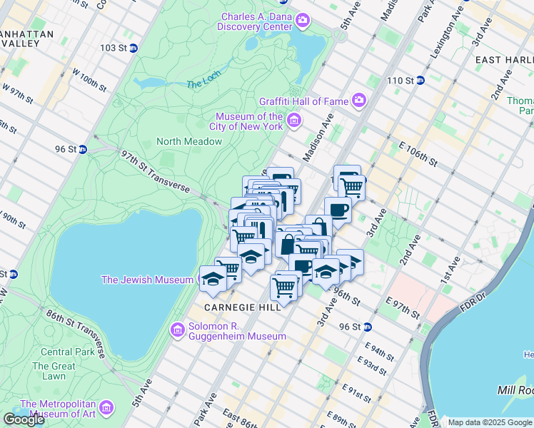 map of restaurants, bars, coffee shops, grocery stores, and more near 19 East 98th Street in New York