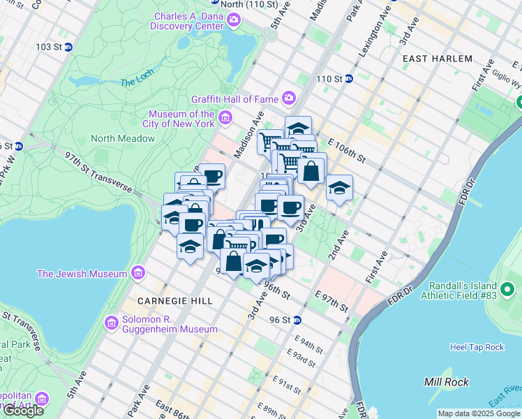 map of restaurants, bars, coffee shops, grocery stores, and more near 148 East 100th Street in New York