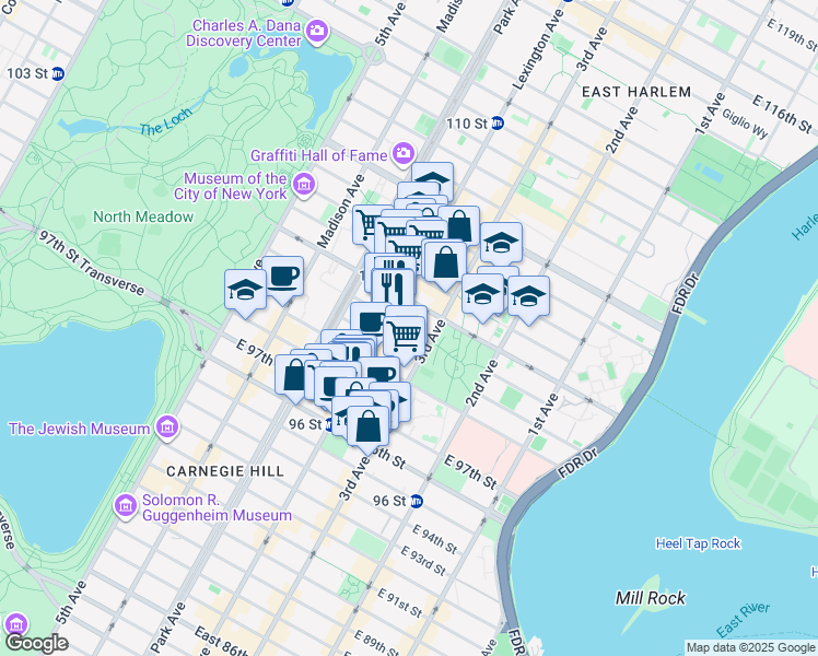 map of restaurants, bars, coffee shops, grocery stores, and more near 160 East 100th Street in New York