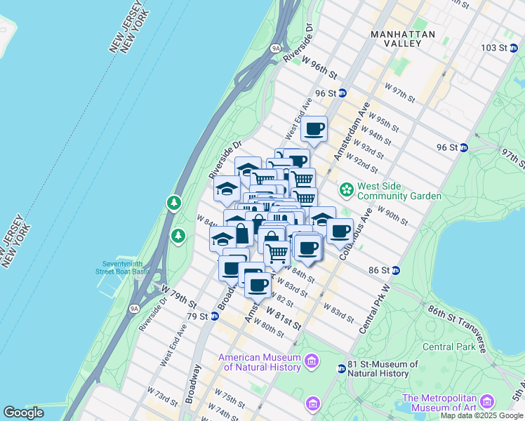 map of restaurants, bars, coffee shops, grocery stores, and more near 255 West 86th Street in New York