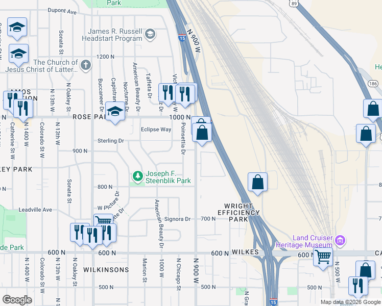 map of restaurants, bars, coffee shops, grocery stores, and more near 889 North 900 West in Salt Lake City