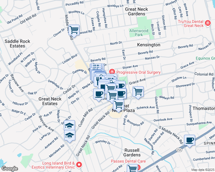 map of restaurants, bars, coffee shops, grocery stores, and more near 4 Maple Drive in Great Neck