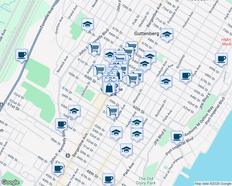 map of restaurants, bars, coffee shops, grocery stores, and more near in West New York