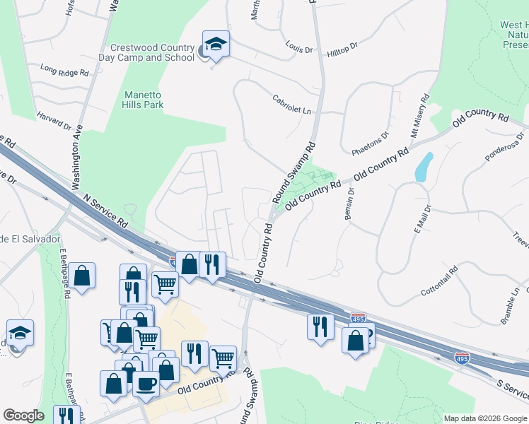 map of restaurants, bars, coffee shops, grocery stores, and more near 1804 Shannon Way in Melville