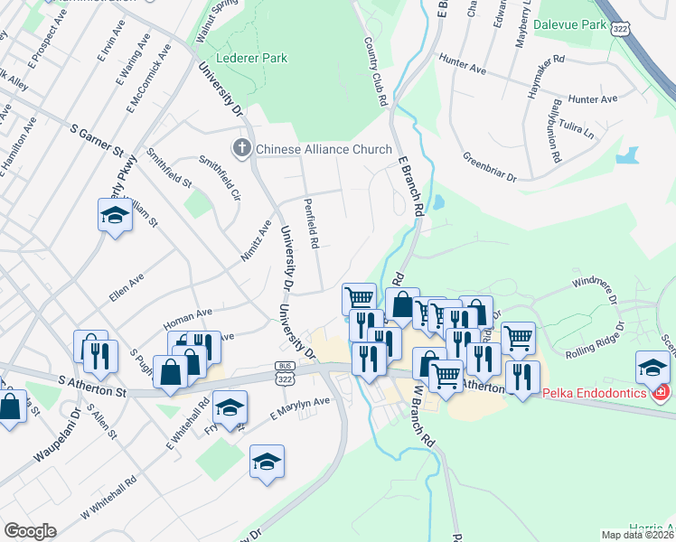 map of restaurants, bars, coffee shops, grocery stores, and more near 1301-1399 Penfield Road in State College
