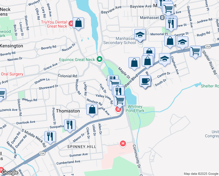 map of restaurants, bars, coffee shops, grocery stores, and more near 83 East Shore Road in Manhasset