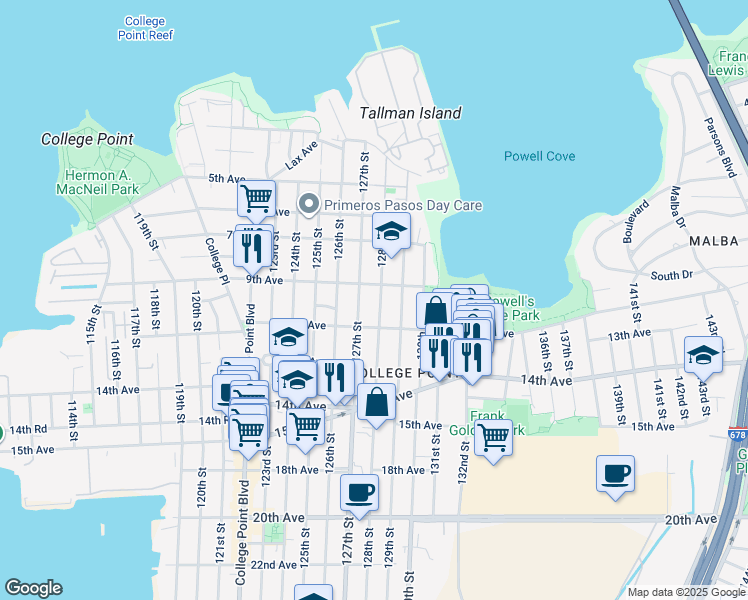 map of restaurants, bars, coffee shops, grocery stores, and more near 7-39 127th Street in Queens
