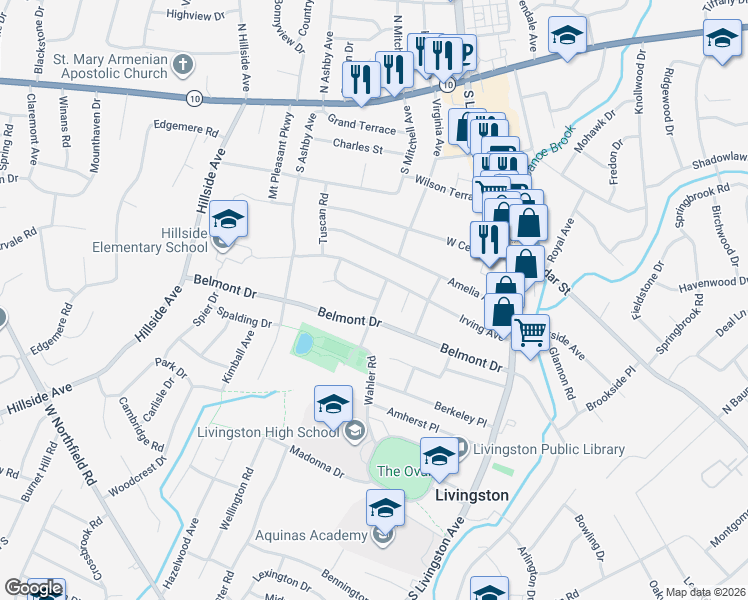 map of restaurants, bars, coffee shops, grocery stores, and more near 76 Irving Avenue in Livingston