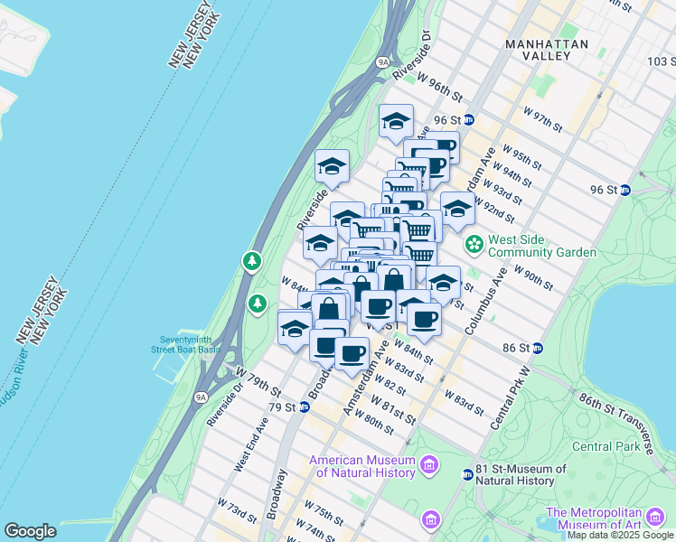 map of restaurants, bars, coffee shops, grocery stores, and more near 535 West End Avenue in New York