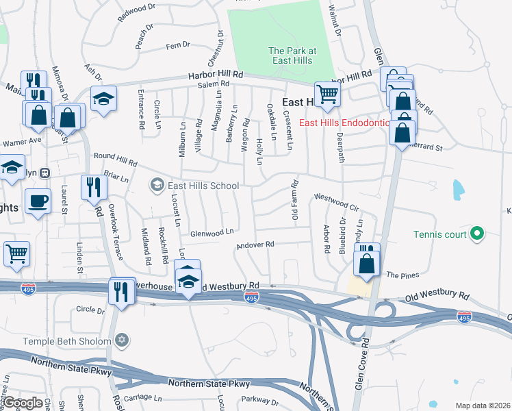 map of restaurants, bars, coffee shops, grocery stores, and more near 76 Spring Hill Road in Roslyn Heights