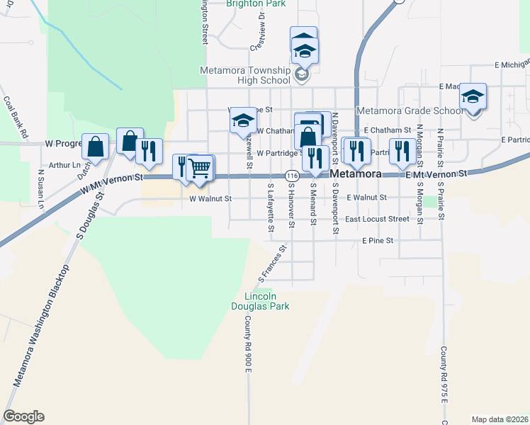 map of restaurants, bars, coffee shops, grocery stores, and more near 200-298 West Walnut Street in Metamora