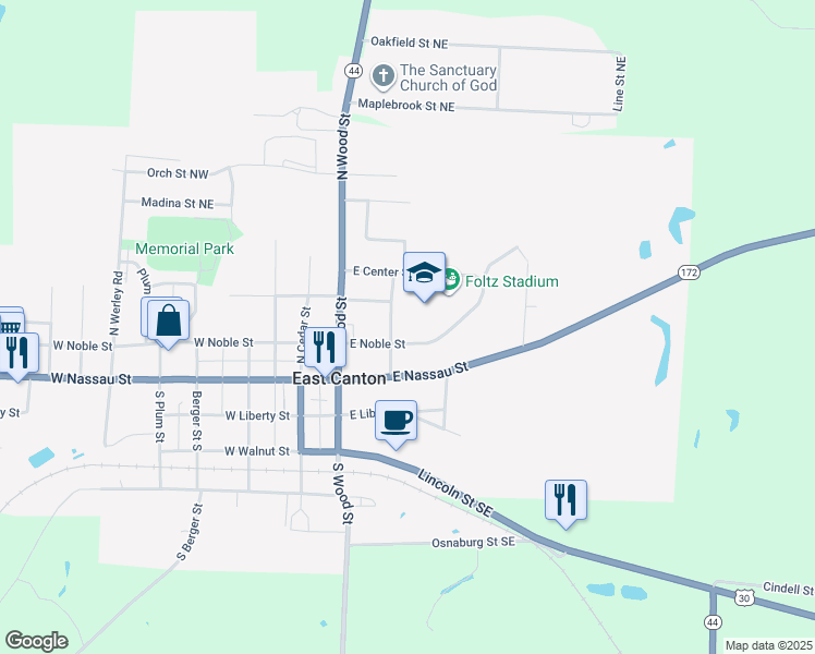 map of restaurants, bars, coffee shops, grocery stores, and more near 310 Browning Street in East Canton