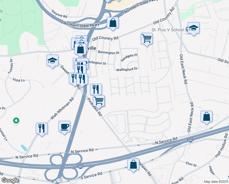 map of restaurants, bars, coffee shops, grocery stores, and more near 111 Hadley Place in Melville