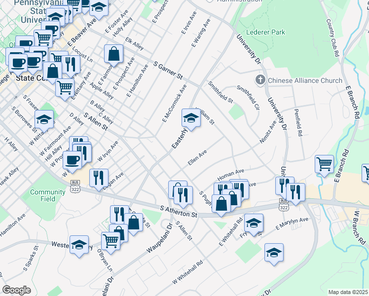 map of restaurants, bars, coffee shops, grocery stores, and more near 234 Easterly Parkway in State College