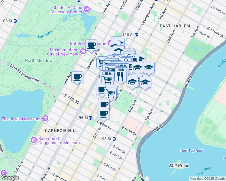 map of restaurants, bars, coffee shops, grocery stores, and more near 175 East 102nd Street in New York