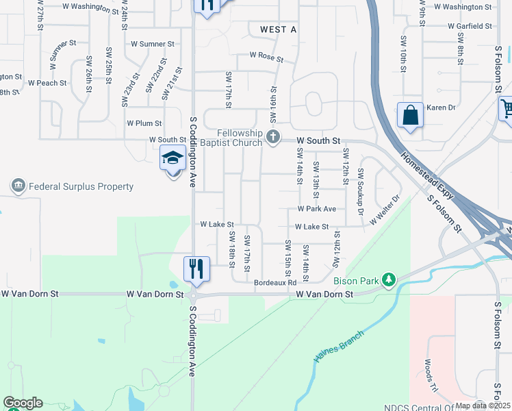 map of restaurants, bars, coffee shops, grocery stores, and more near 2333 Southwest 16th Street in Lincoln