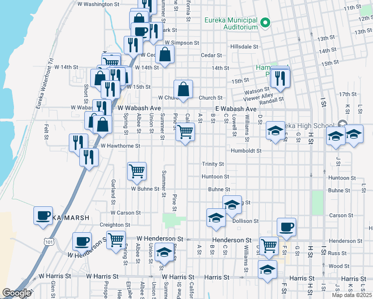 map of restaurants, bars, coffee shops, grocery stores, and more near 2025 California Street in Eureka