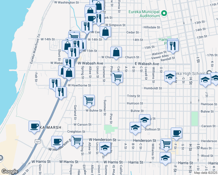 map of restaurants, bars, coffee shops, grocery stores, and more near 135 West Sonoma Street in Eureka