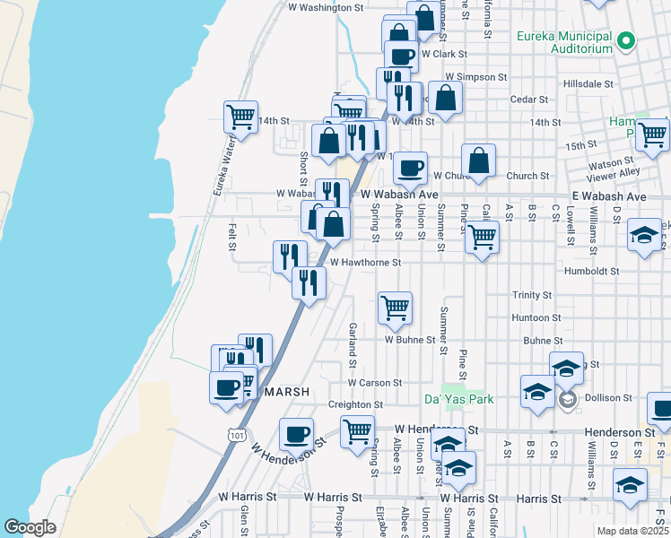 map of restaurants, bars, coffee shops, grocery stores, and more near in Eureka