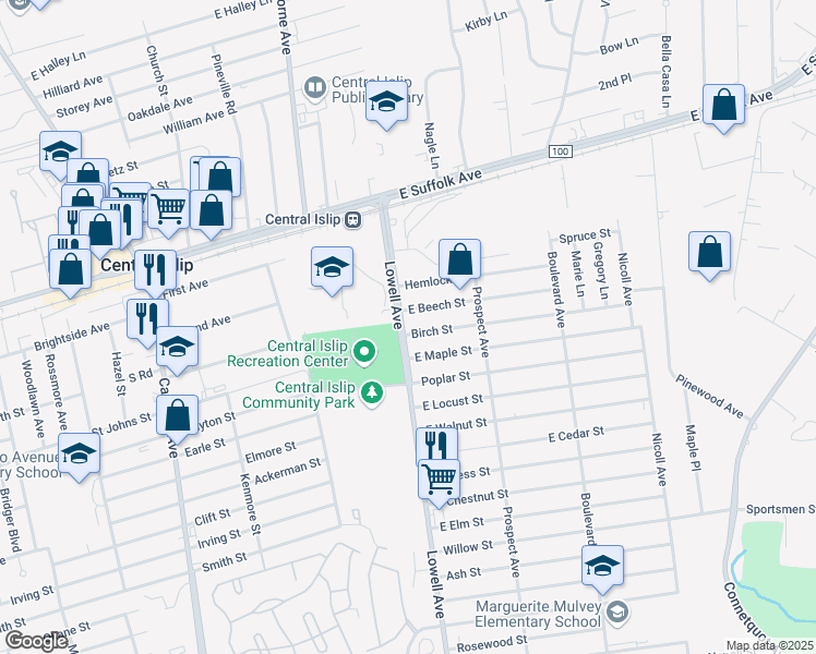 map of restaurants, bars, coffee shops, grocery stores, and more near 5 East Beech Street in Central Islip