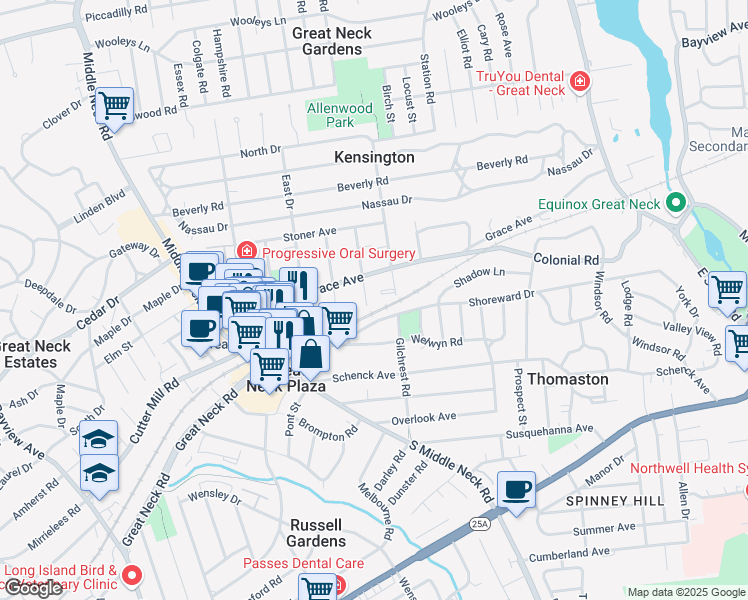 map of restaurants, bars, coffee shops, grocery stores, and more near 70 Grace Avenue in Great Neck Plaza