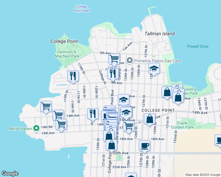 map of restaurants, bars, coffee shops, grocery stores, and more near 8-21 College Place in Queens