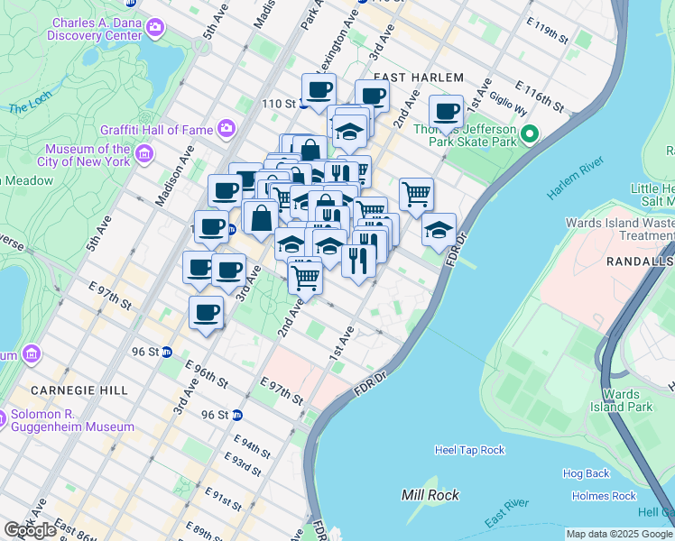 map of restaurants, bars, coffee shops, grocery stores, and more near 308 East 105th Street in New York