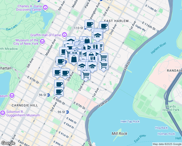 map of restaurants, bars, coffee shops, grocery stores, and more near in New York
