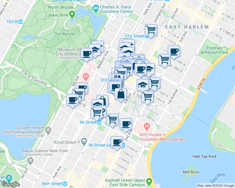 map of restaurants, bars, coffee shops, grocery stores, and more near in New York