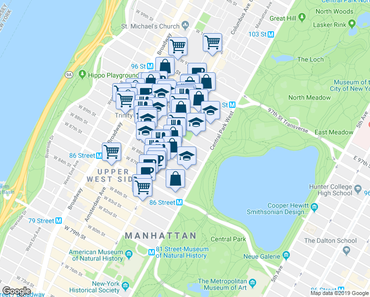map of restaurants, bars, coffee shops, grocery stores, and more near 61 West 91st Street in New York