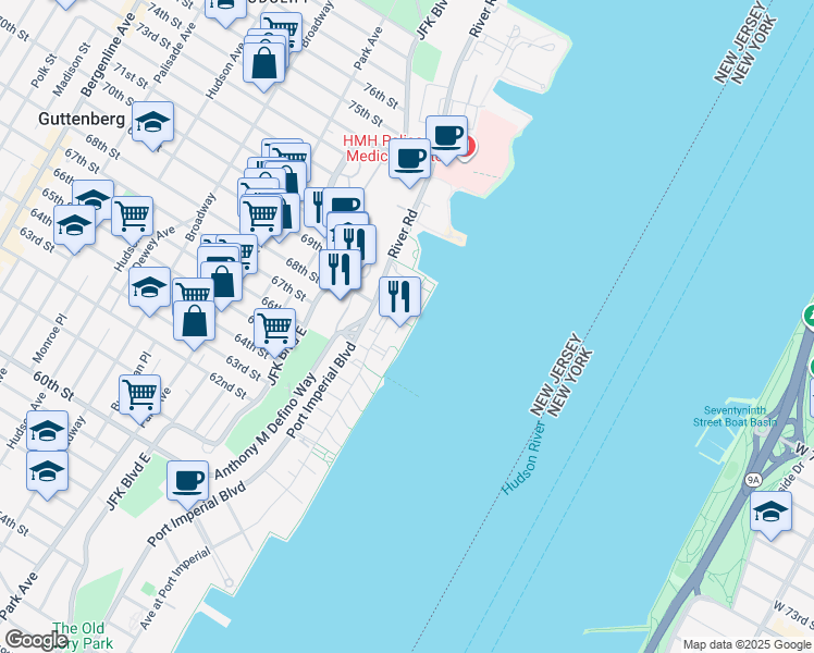 map of restaurants, bars, coffee shops, grocery stores, and more near 31 Lydia Drive in Guttenberg