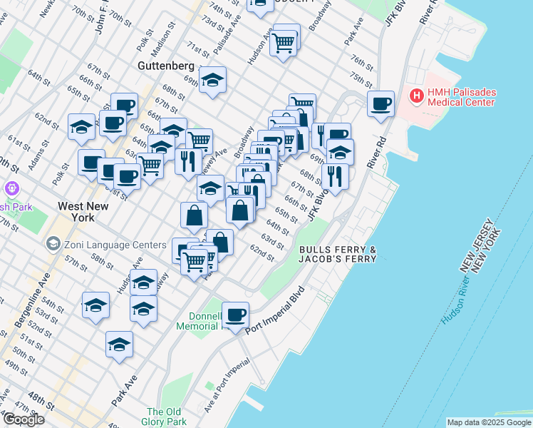 map of restaurants, bars, coffee shops, grocery stores, and more near 6509 Park Avenue in West New York