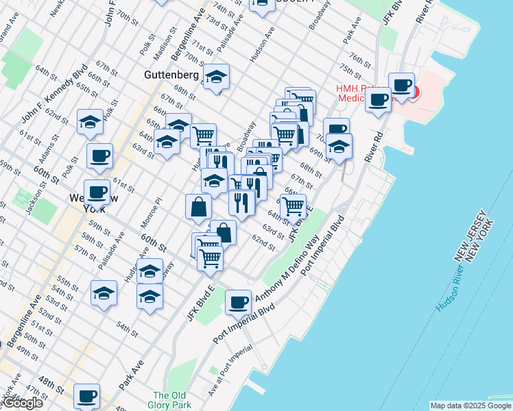 map of restaurants, bars, coffee shops, grocery stores, and more near 6509 Park Avenue in West New York