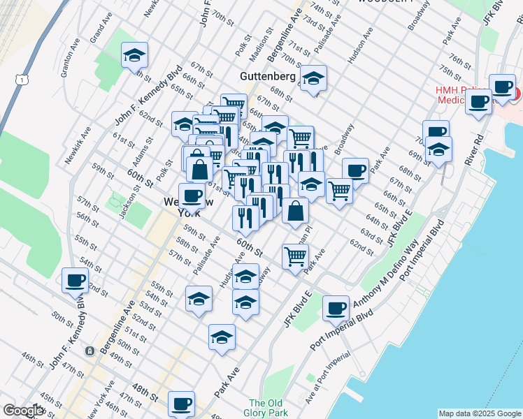 map of restaurants, bars, coffee shops, grocery stores, and more near 311 62nd Street in West New York
