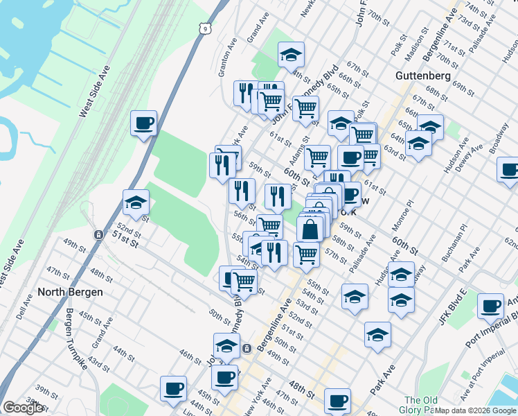 map of restaurants, bars, coffee shops, grocery stores, and more near 5710 Washington Street in West New York