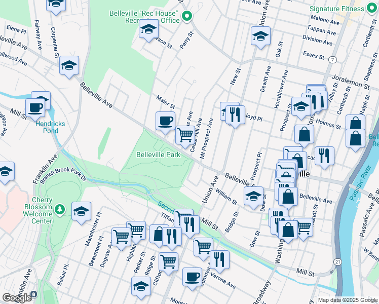 map of restaurants, bars, coffee shops, grocery stores, and more near 27 Cedar Hill Avenue in Belleville