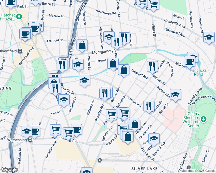 map of restaurants, bars, coffee shops, grocery stores, and more near 125 Newark Avenue in Bloomfield