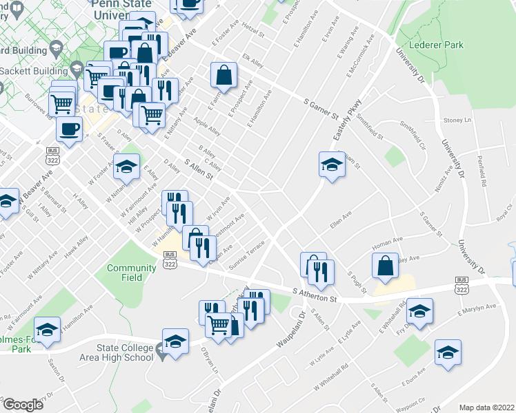 map of restaurants, bars, coffee shops, grocery stores, and more near 827 Old Boalsburg Road in State College