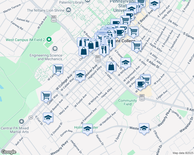 map of restaurants, bars, coffee shops, grocery stores, and more near 212 South Barnard Street in State College