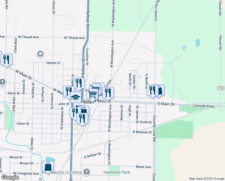 map of restaurants, bars, coffee shops, grocery stores, and more near 500-578 North Washington Street in Crestline