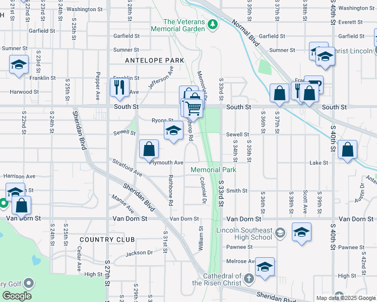 map of restaurants, bars, coffee shops, grocery stores, and more near 2320 Colonial Drive in Lincoln