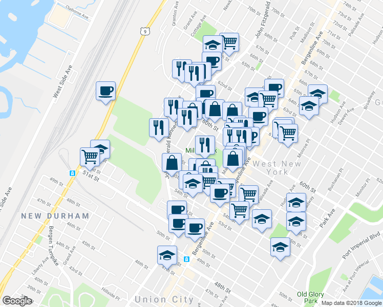 map of restaurants, bars, coffee shops, grocery stores, and more near 608 57th Street in West New York